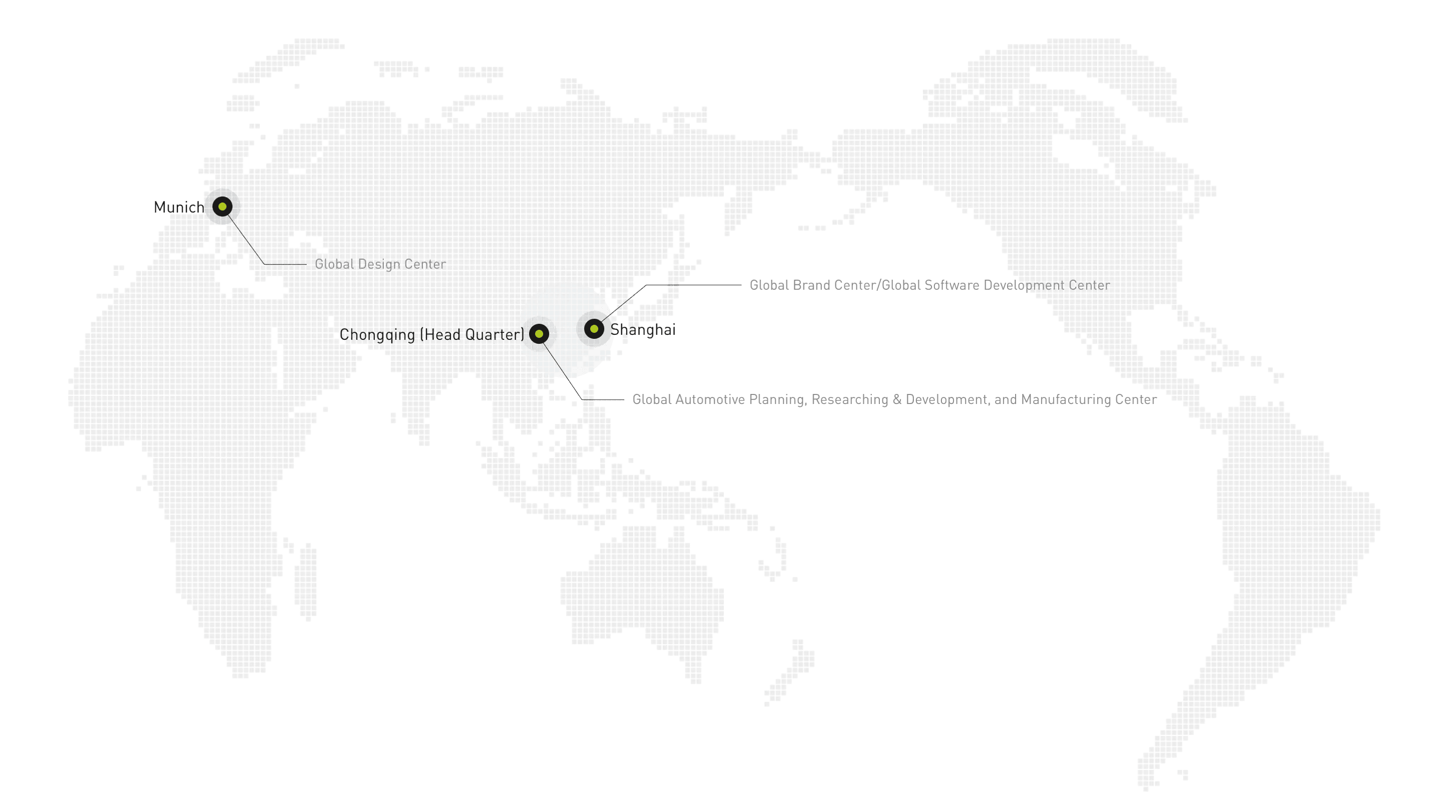 Mapa mundial con las tres sedes de AVATR: Chongqing (casa matriz), Shanghái (marca y software) y Múnich (centro de diseño global)